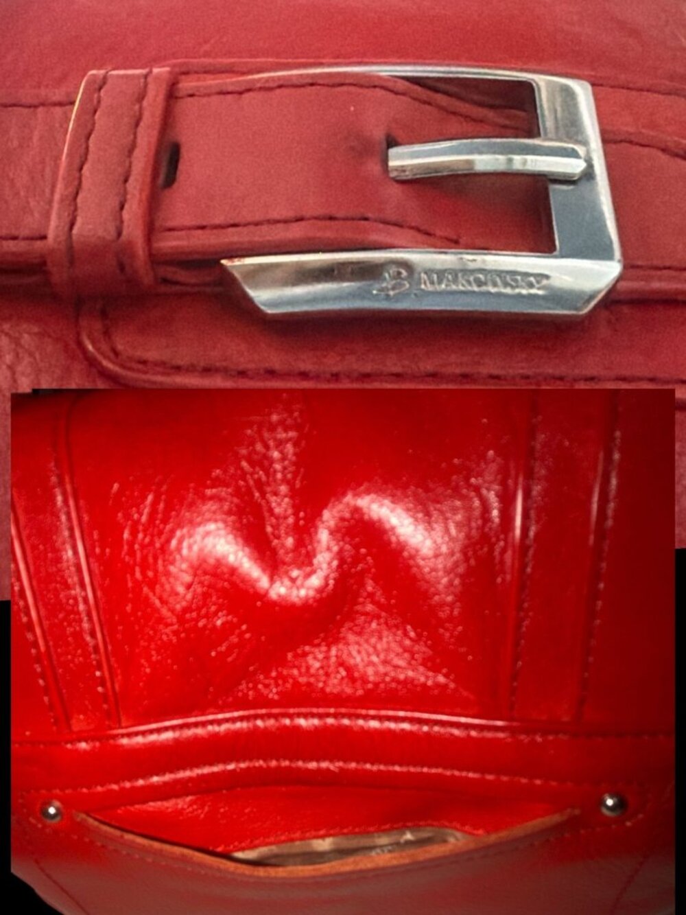 B Makowsky Fold Over Cherry Red Pebbled Leather Crossbody Bag Adjustable Strap - Picture 11 of 11